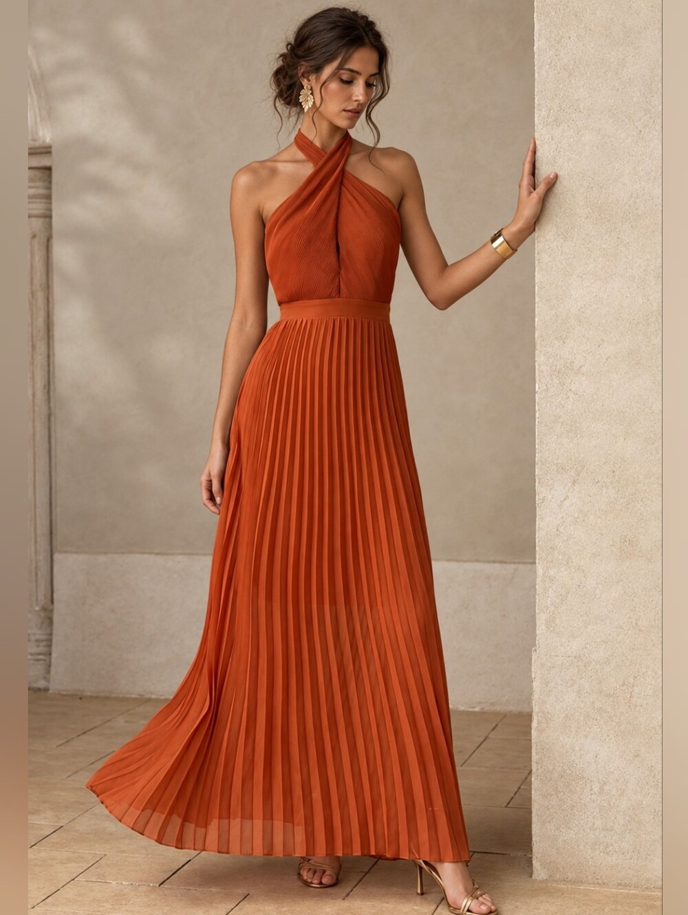 New Flowy Pleated Chiffon Twist Halter Maxi Dress Orange